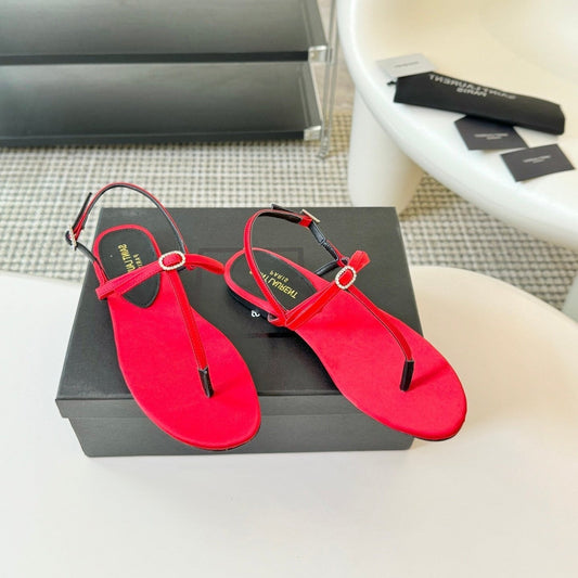 Saint Laurent SL CRYSTAL T-STRAP FLAT SANDAL RED SATIN