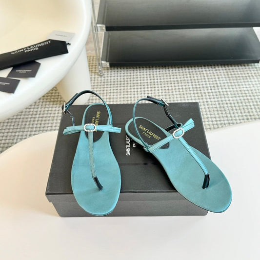 Saint Laurent SL CRYSTAL T-STRAP FLAT SANDAL SAPPHIRE SATIN