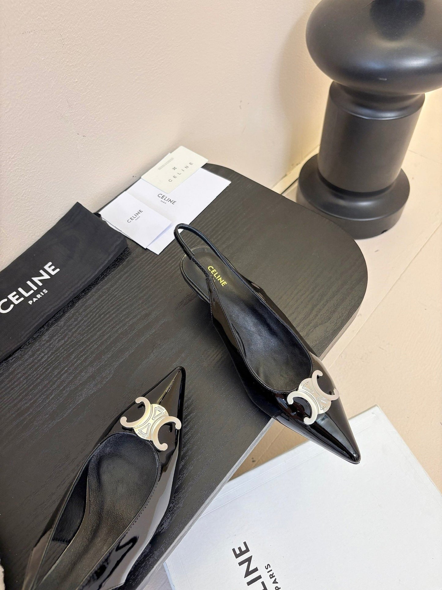 Celine CELINE Alma Triomphe Slingback Black Patent Calfskin 235705