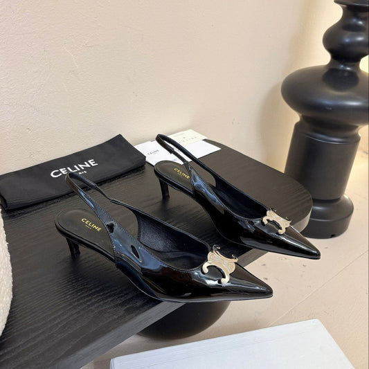 Celine CELINE Alma Triomphe Slingback Black Patent Calfskin 235705