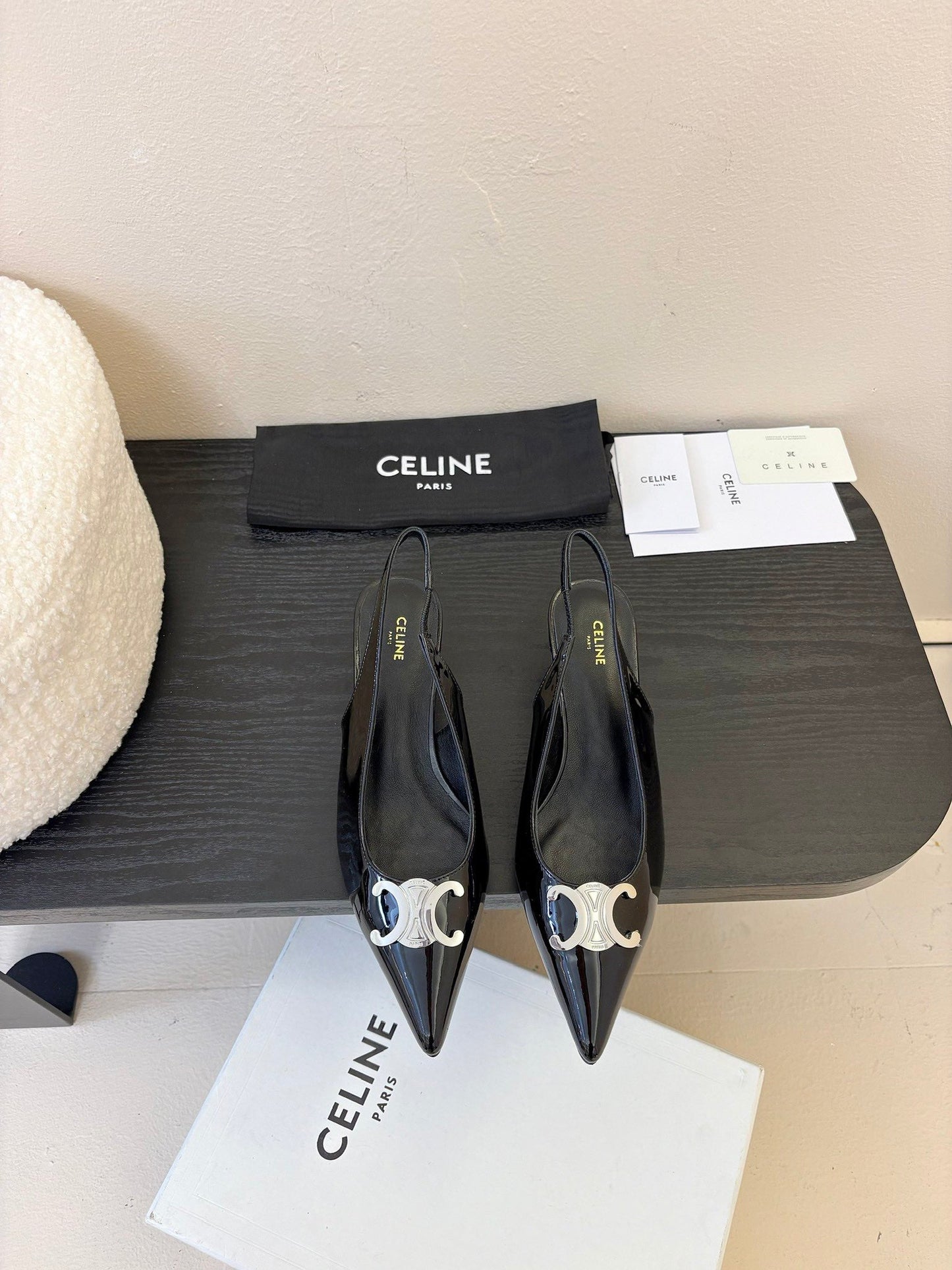 Celine CELINE Alma Triomphe Slingback Black Patent Calfskin 235705