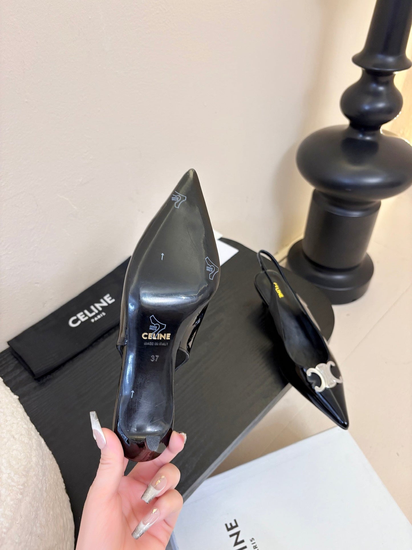 Celine CELINE Alma Triomphe Slingback Black Patent Calfskin 235705
