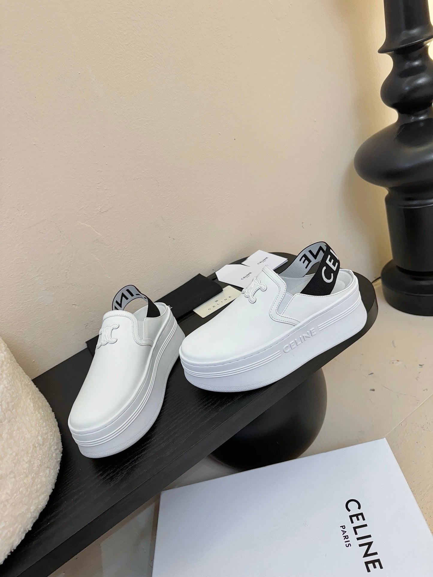Celine CELINE Block Wedge Mule White Calfskin 235721