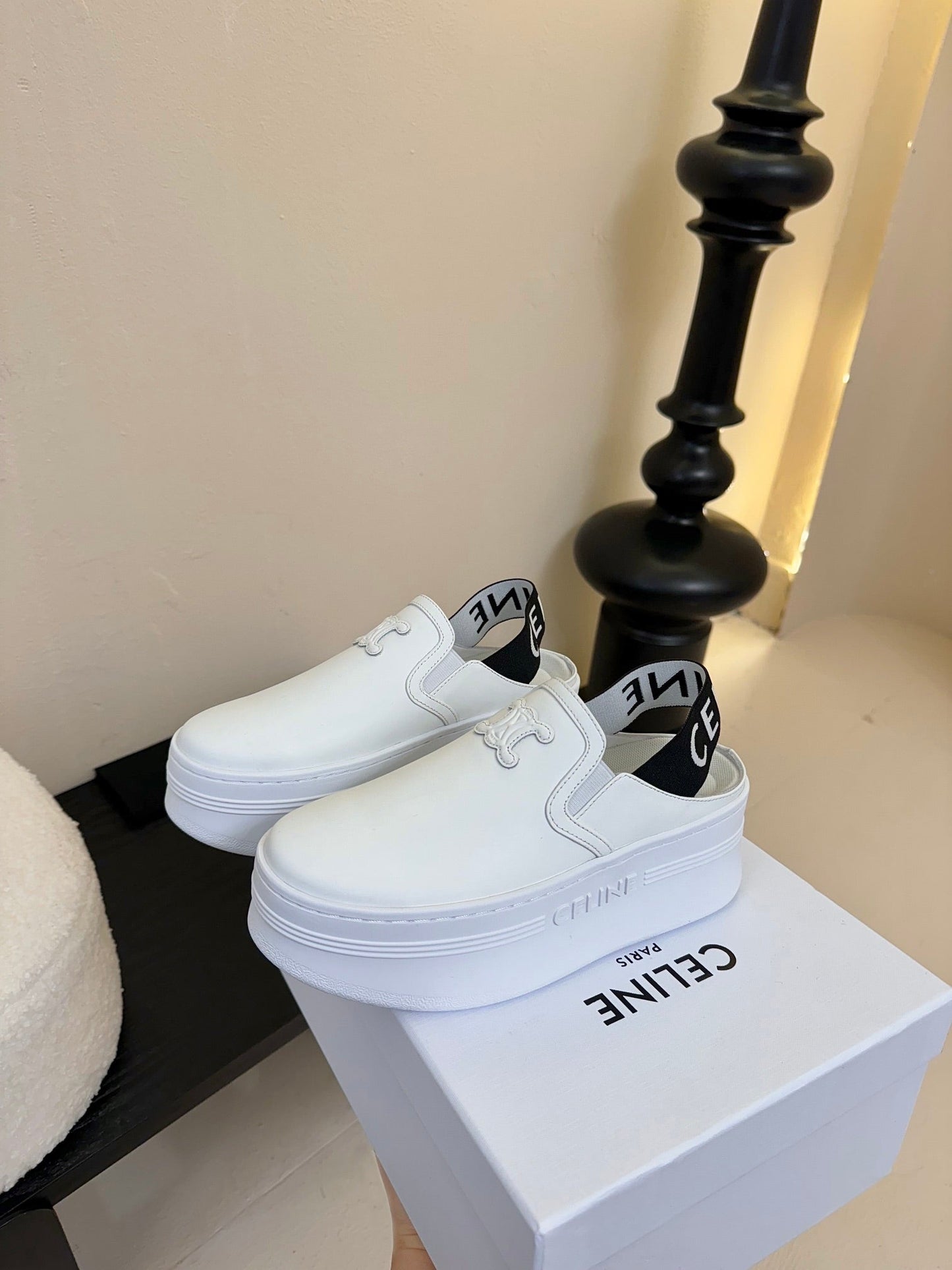 Celine CELINE Block Wedge Mule White Calfskin 235721