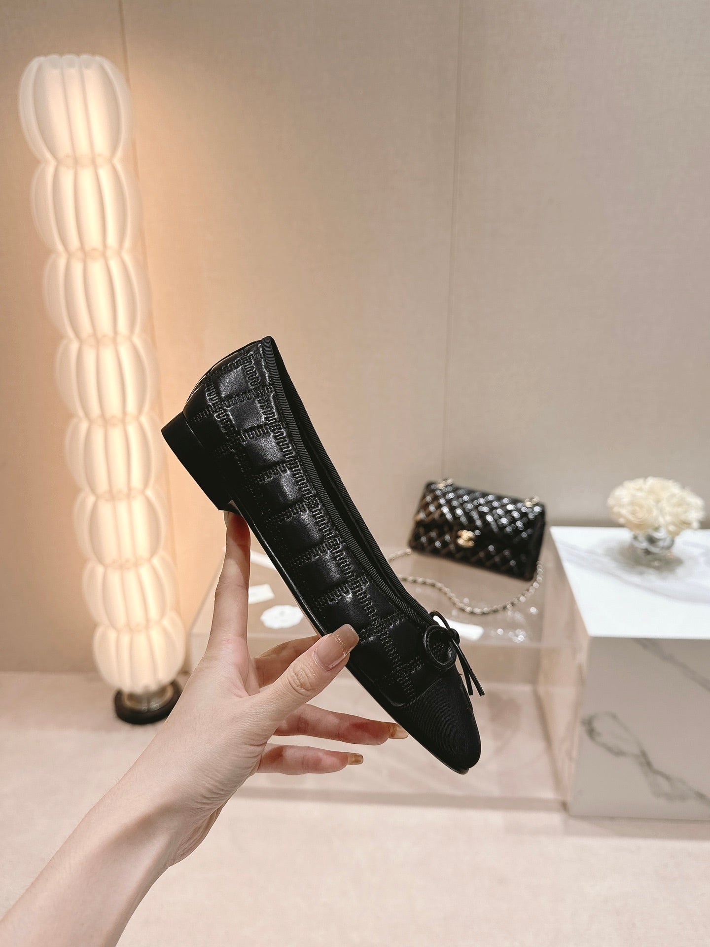 CHANEL ballet flats black lambskin embroidery grosgrain