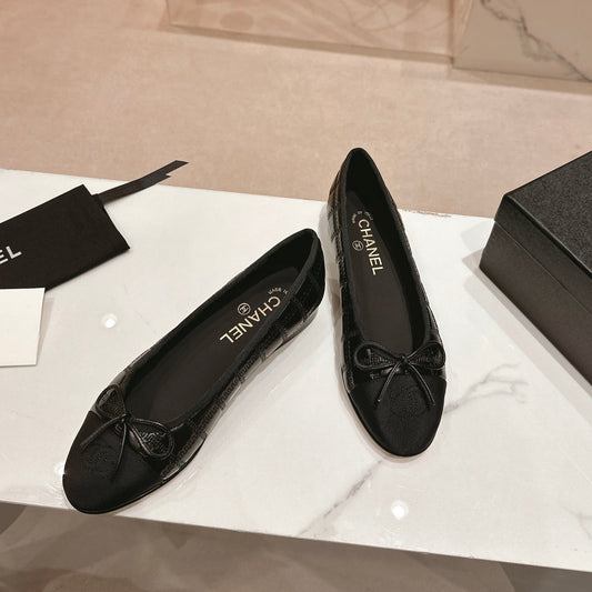 CHANEL ballet flats black lambskin embroidery grosgrain