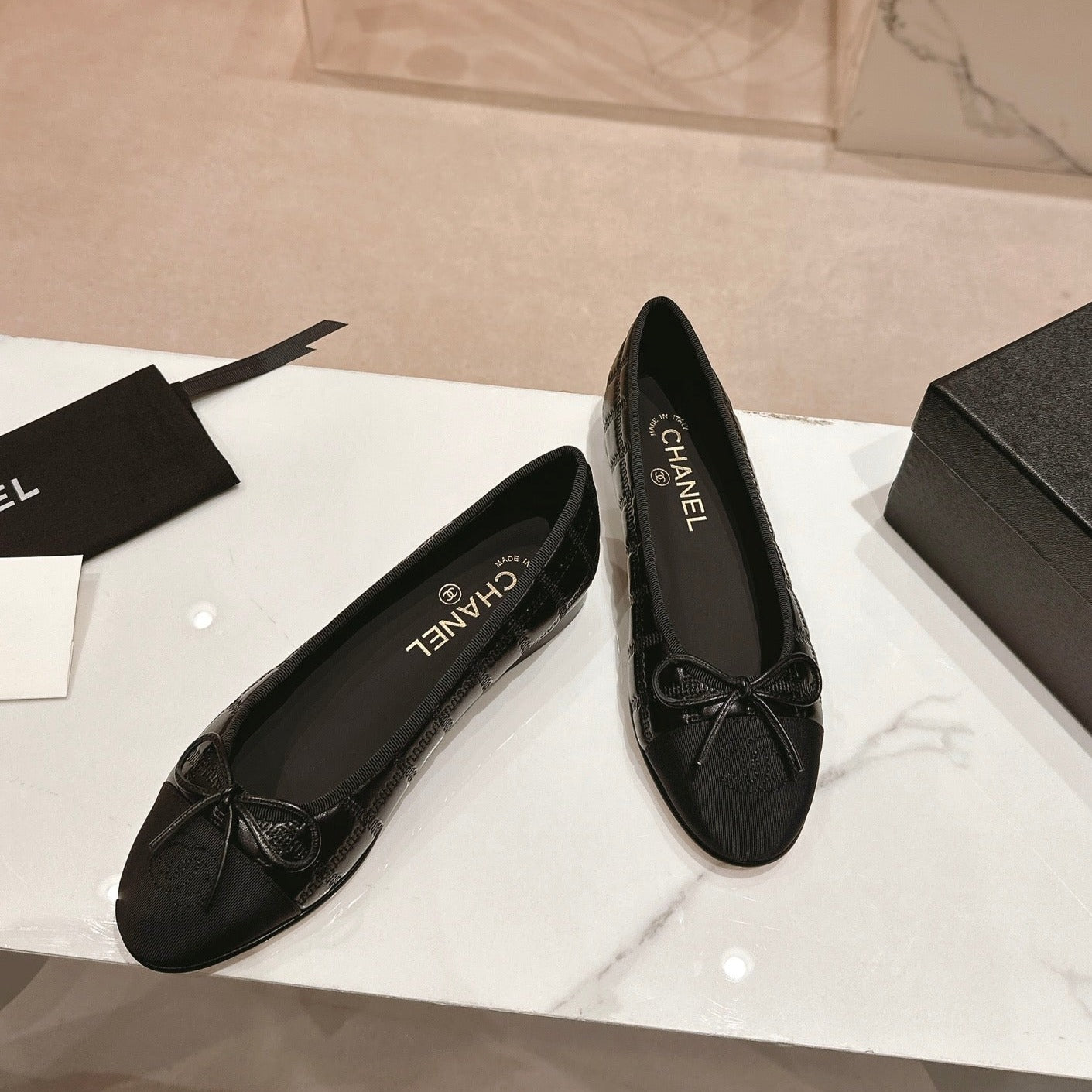 CHANEL ballet flats black lambskin embroidery grosgrain