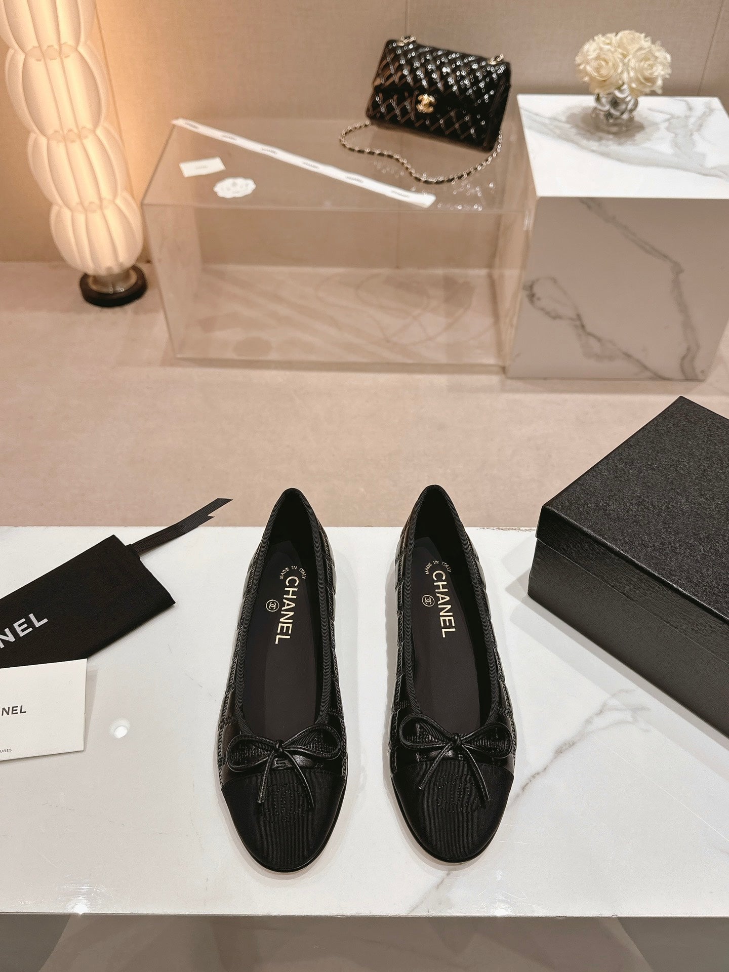 CHANEL ballet flats black lambskin embroidery grosgrain