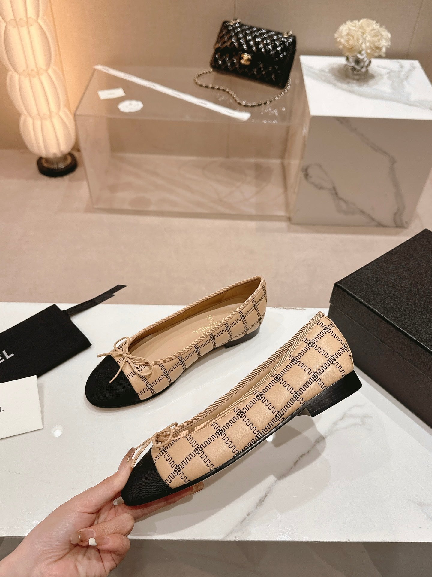 CHANEL ballet flats beige black lambskin embroidery grosgrain