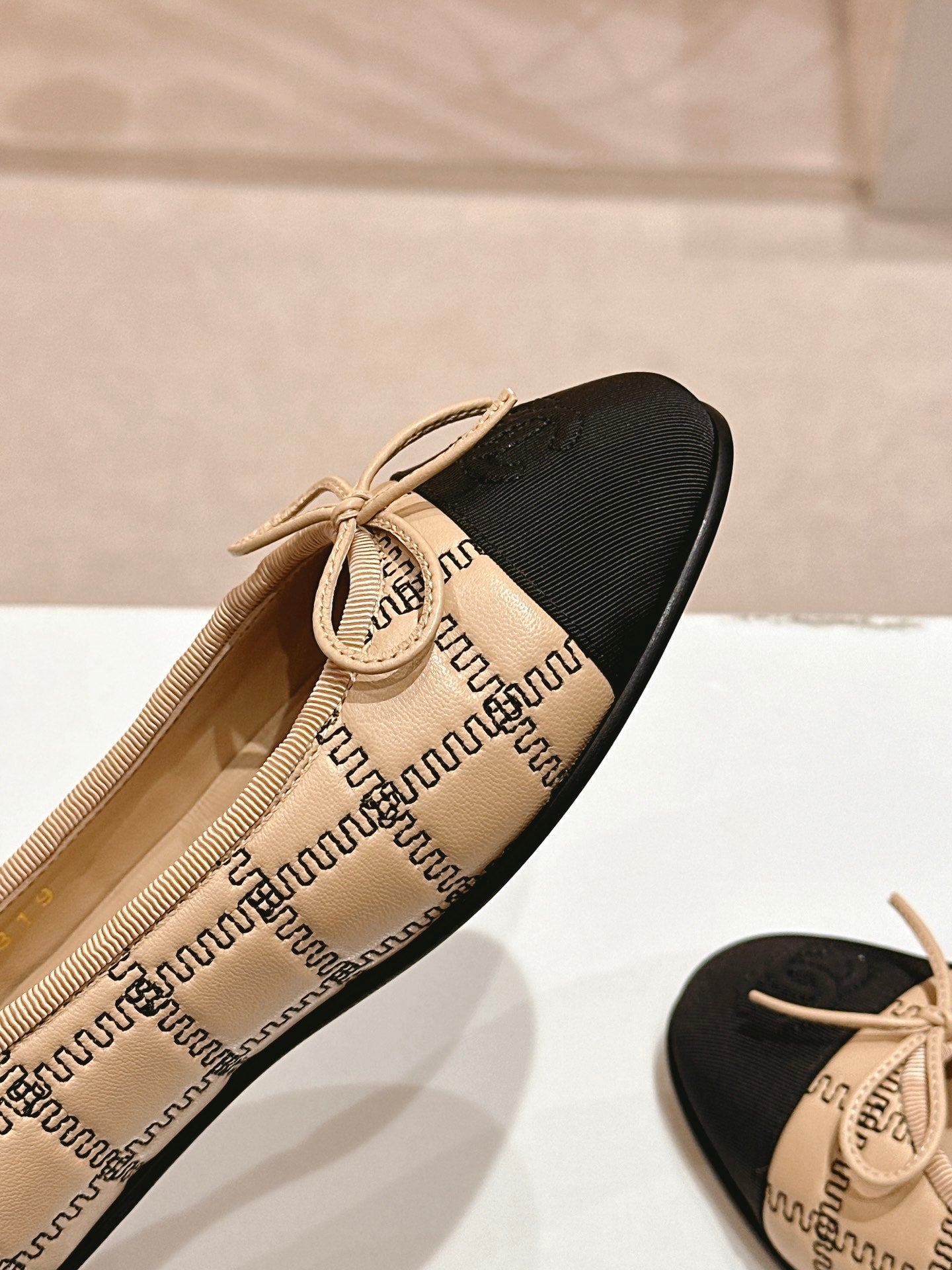 CHANEL ballet flats beige black lambskin embroidery grosgrain