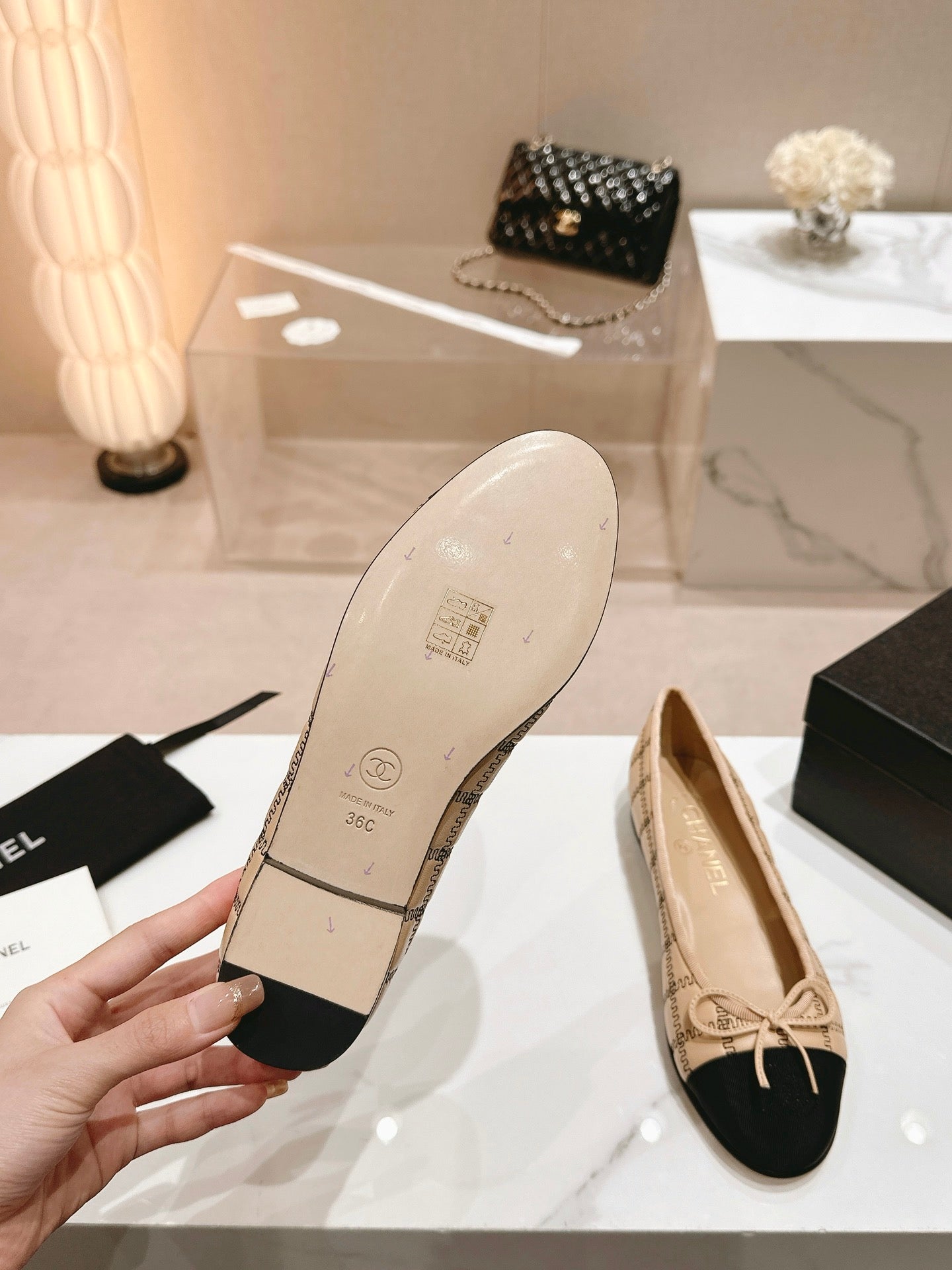 CHANEL ballet flats beige black lambskin embroidery grosgrain