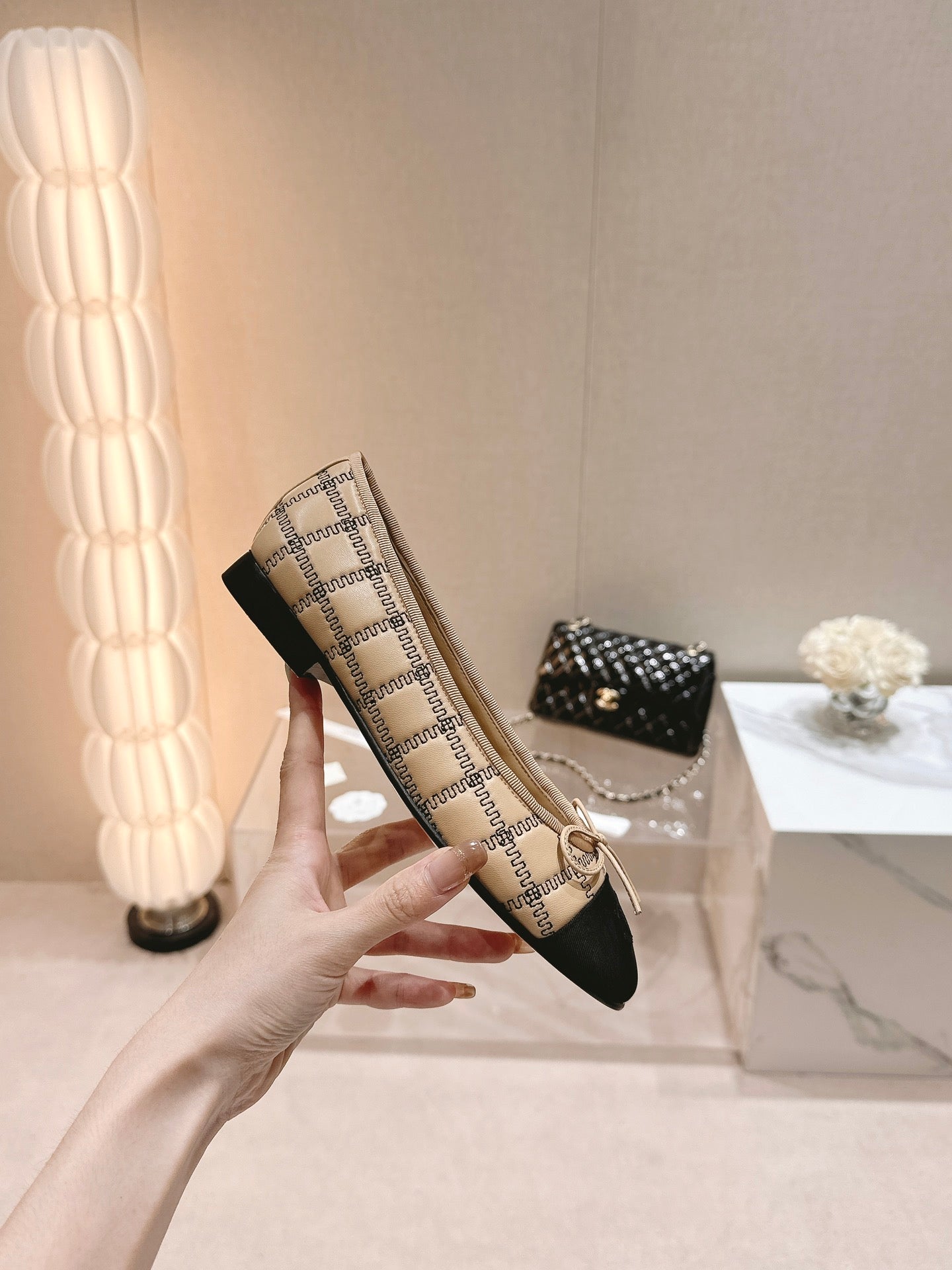 CHANEL ballet flats beige black lambskin embroidery grosgrain