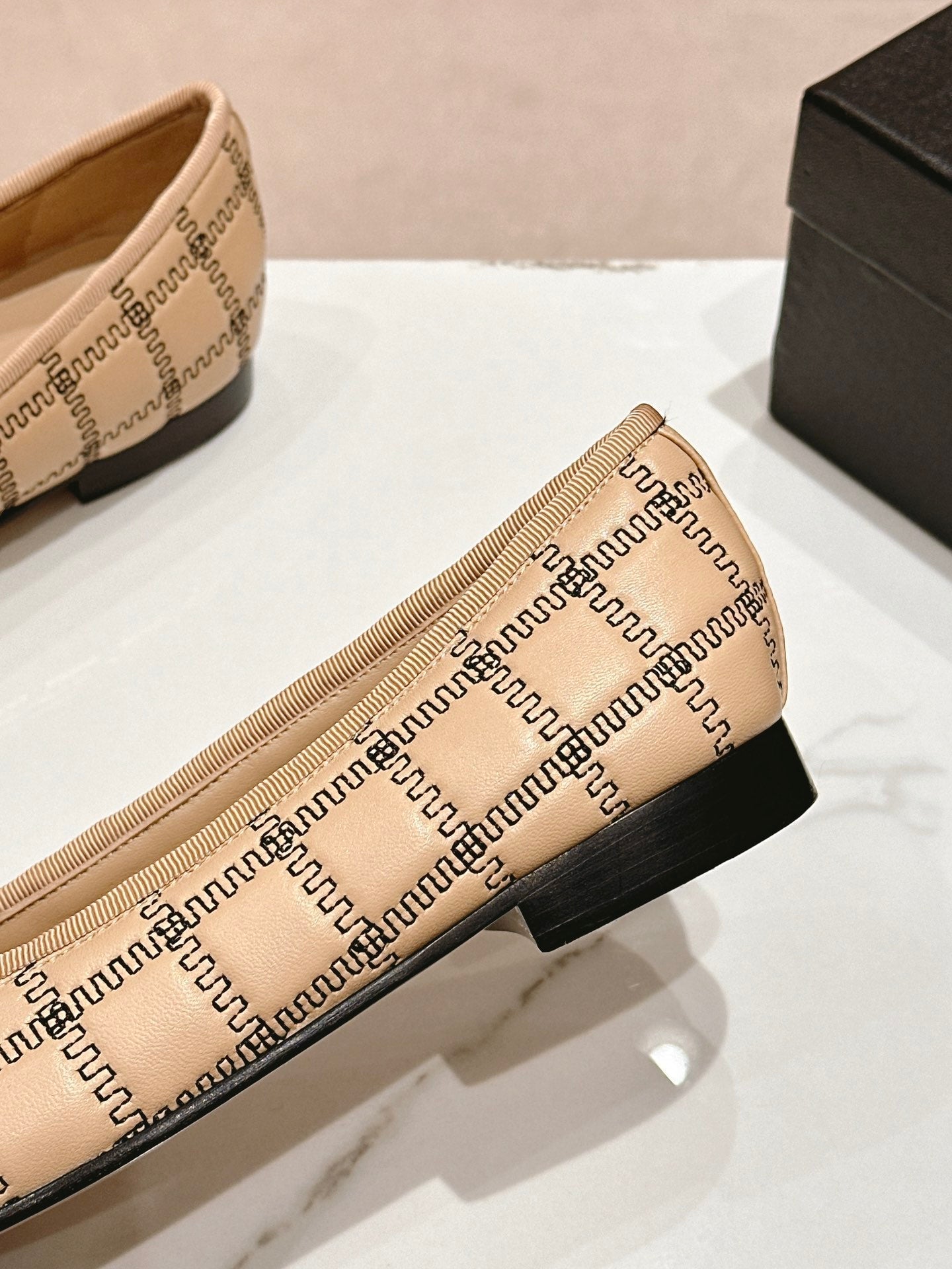CHANEL ballet flats beige black lambskin embroidery grosgrain