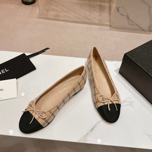 CHANEL ballet flats beige black lambskin embroidery grosgrain