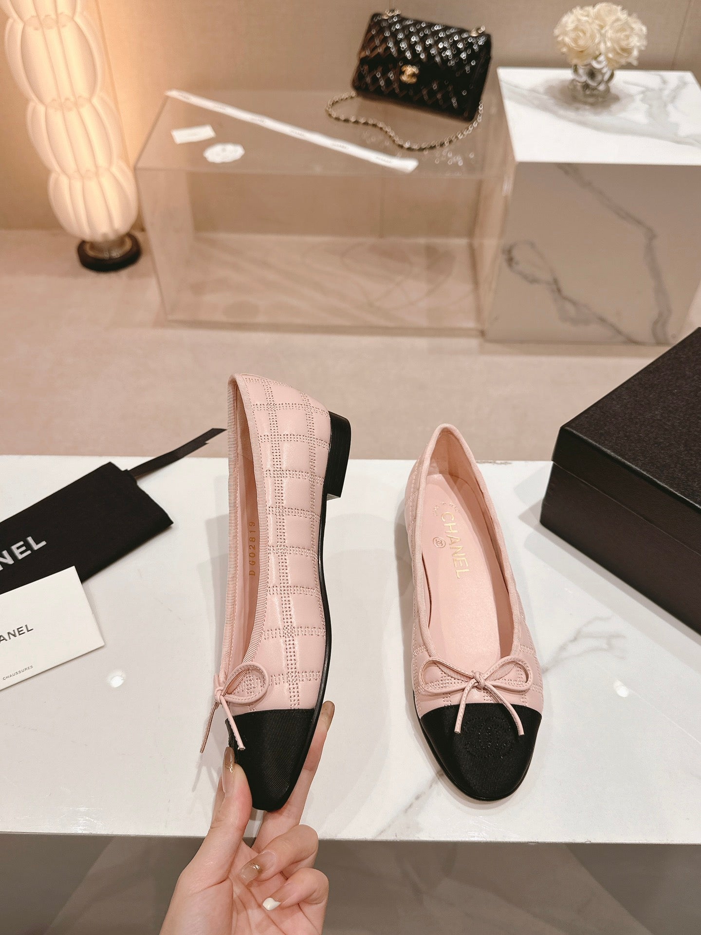 CHANEL ballet flats pink lambskin embroidery grosgrain