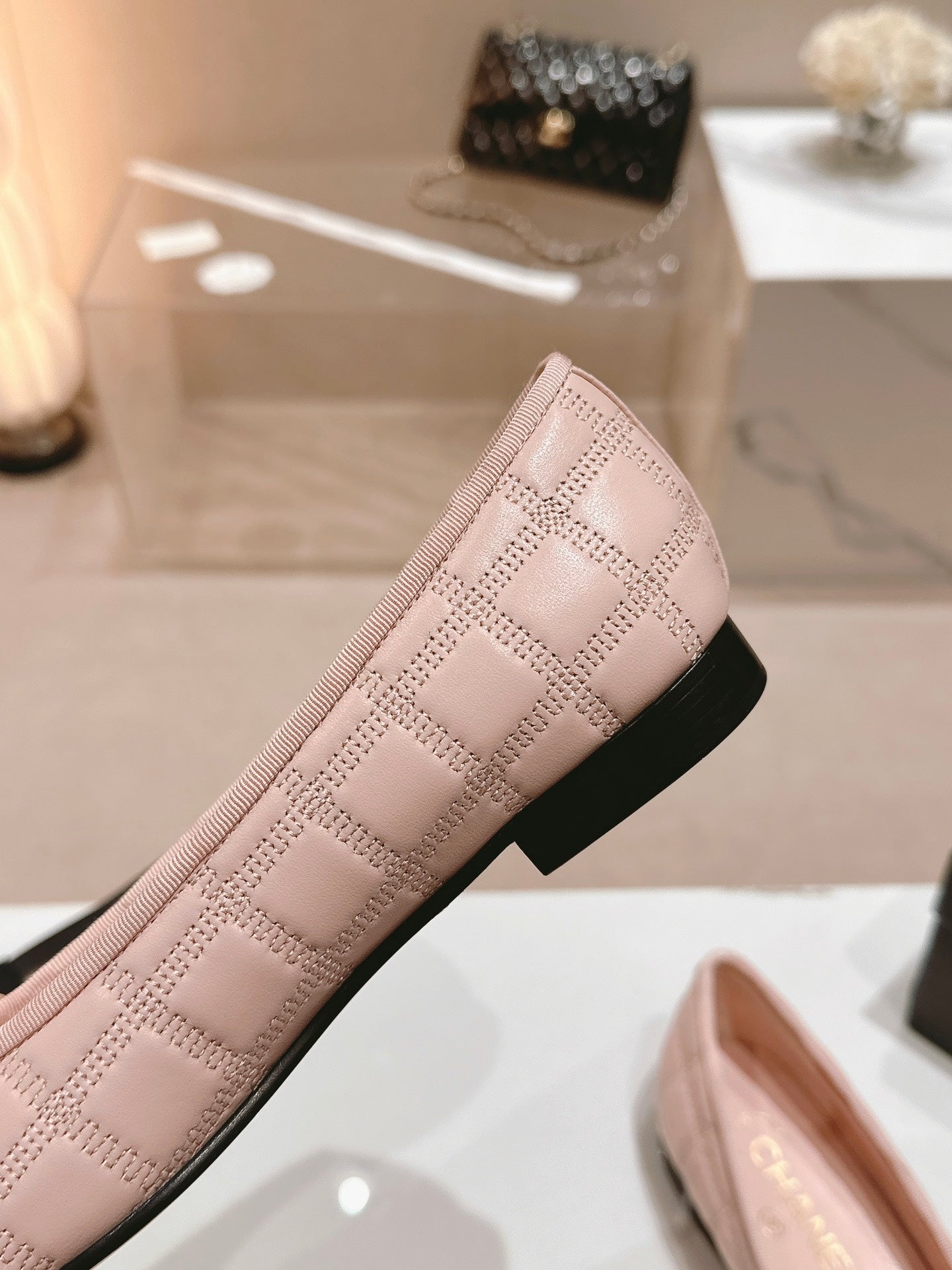 CHANEL ballet flats pink lambskin embroidery grosgrain