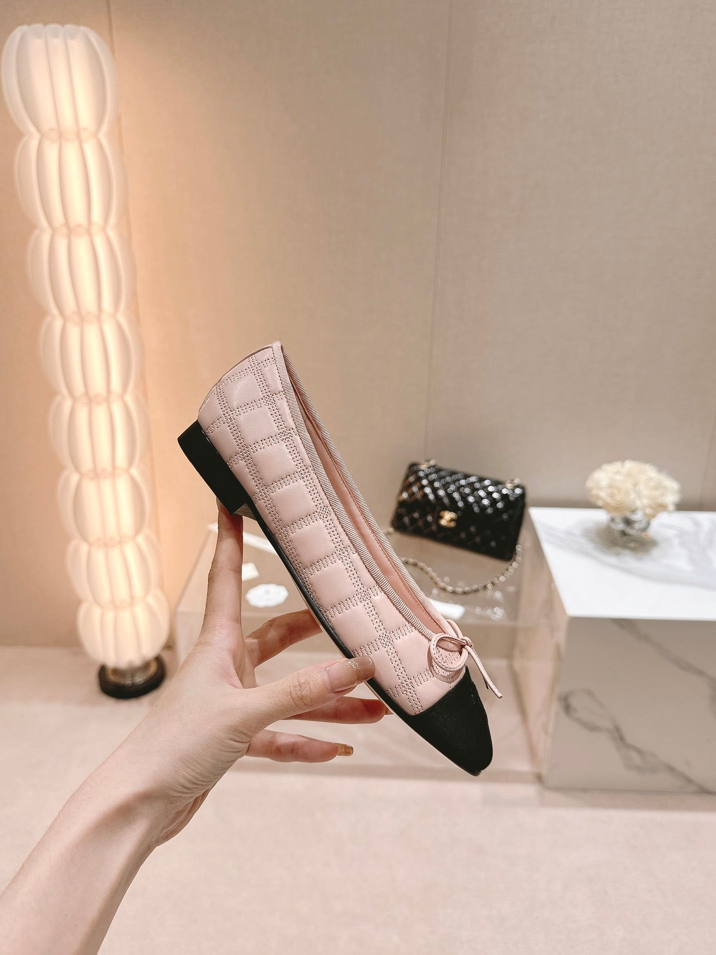 CHANEL ballet flats pink lambskin embroidery grosgrain