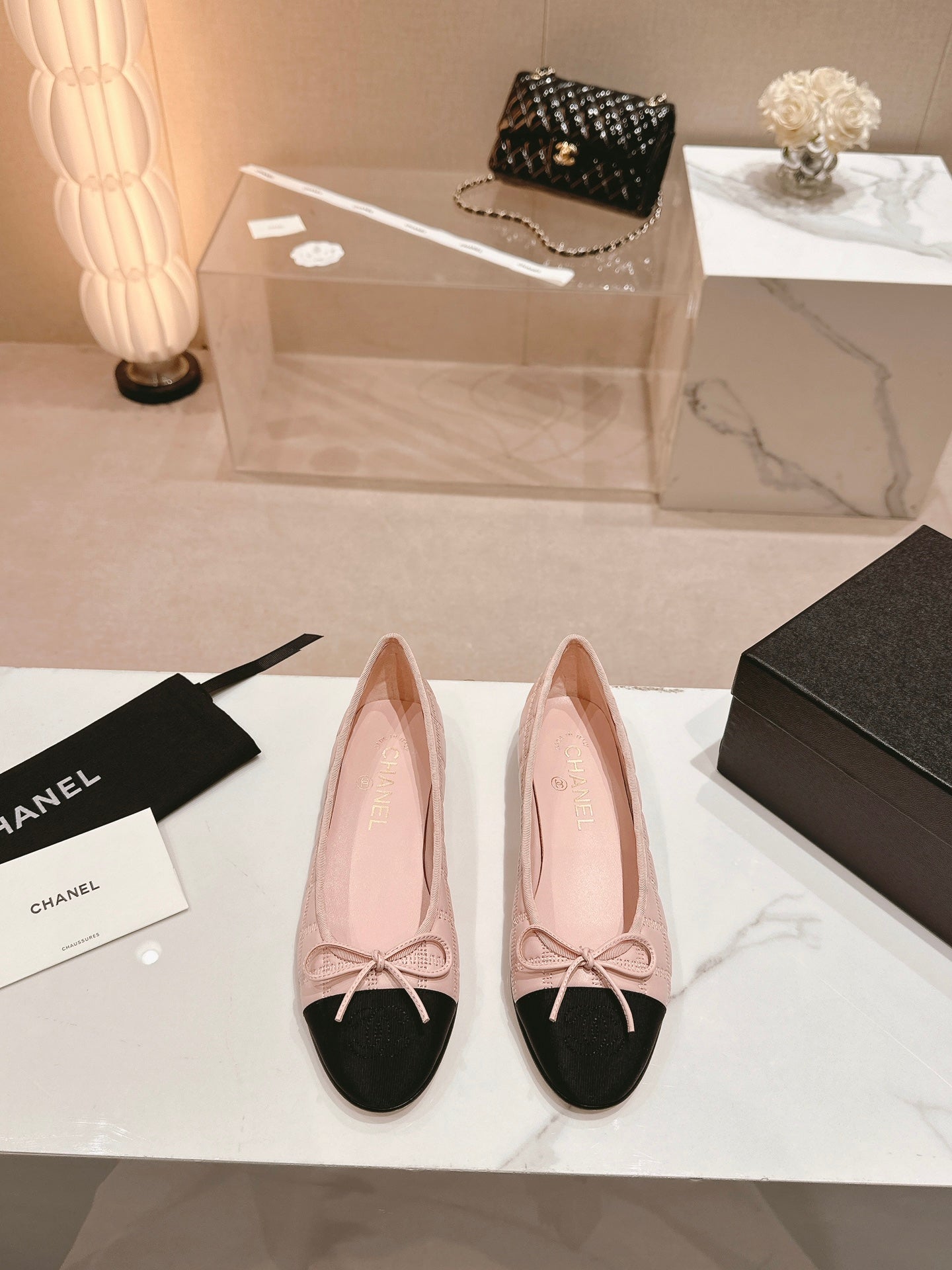 CHANEL ballet flats pink lambskin embroidery grosgrain