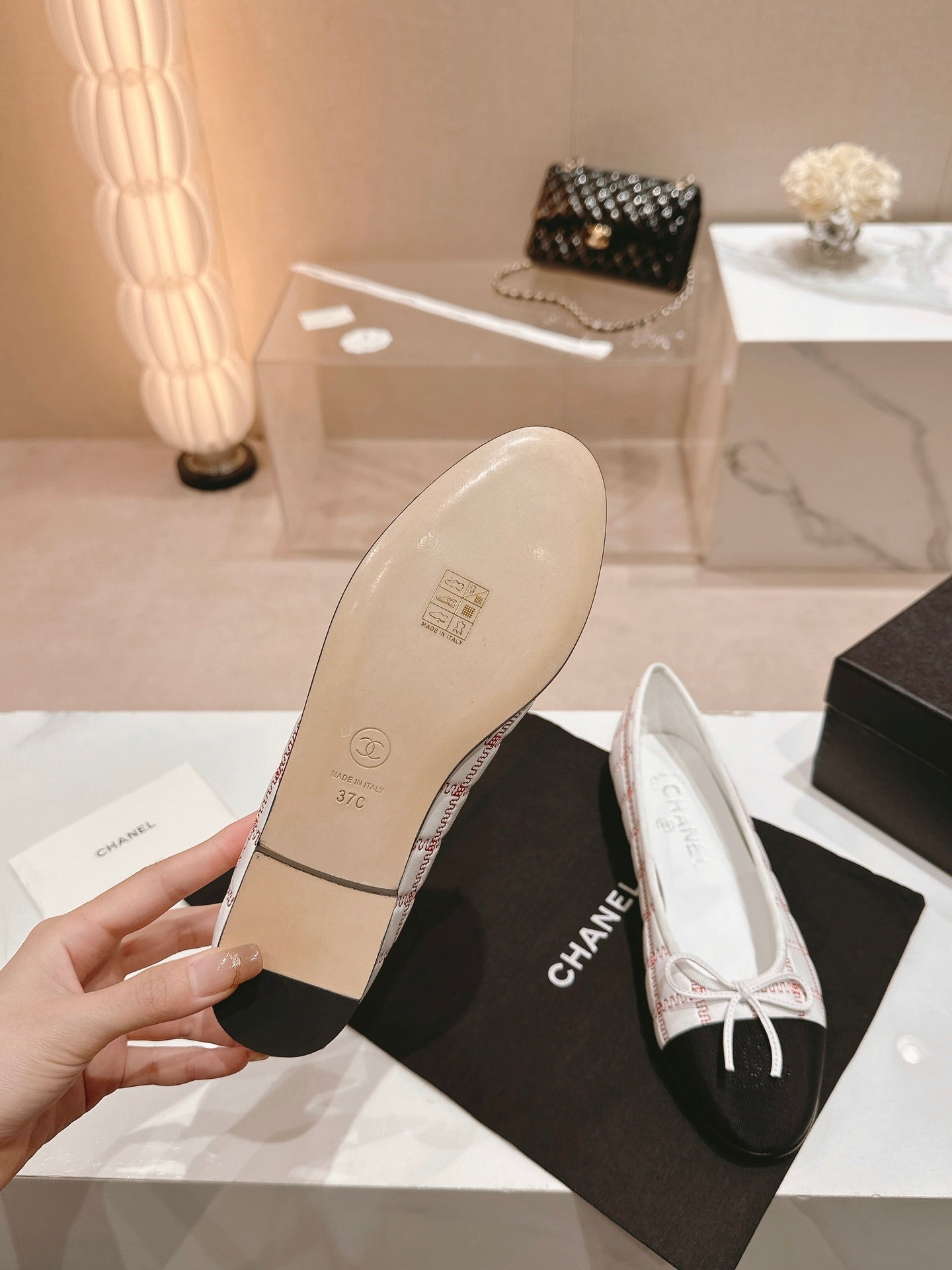 CHANEL ballet flats white red lambskin embroidery grosgrain