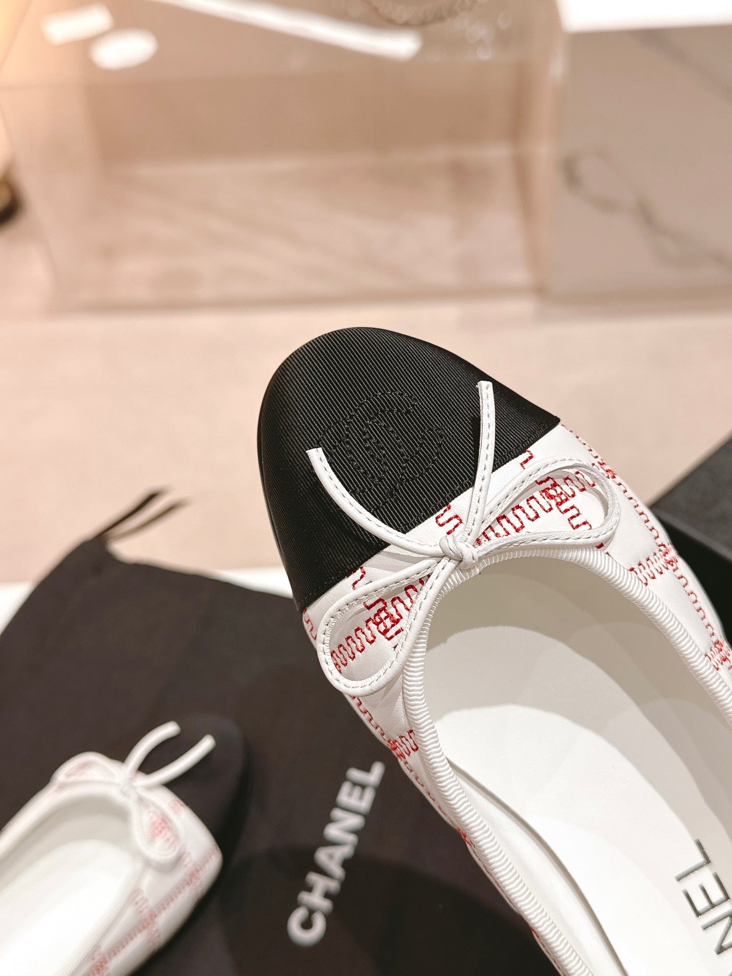 CHANEL ballet flats white red lambskin embroidery grosgrain