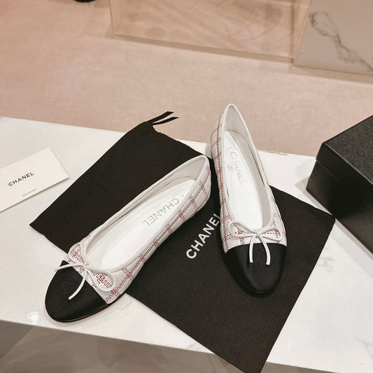 CHANEL ballet flats white red lambskin embroidery grosgrain