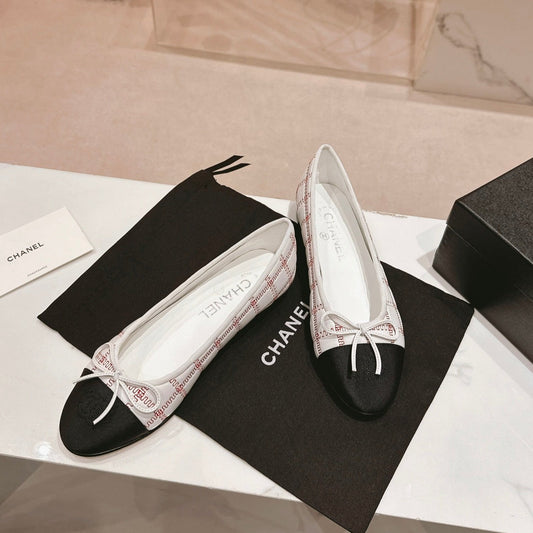 CHANEL ballet flats white red lambskin embroidery grosgrain
