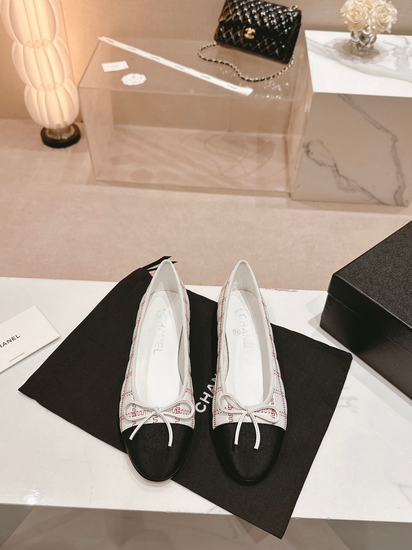 CHANEL ballet flats white red lambskin embroidery grosgrain