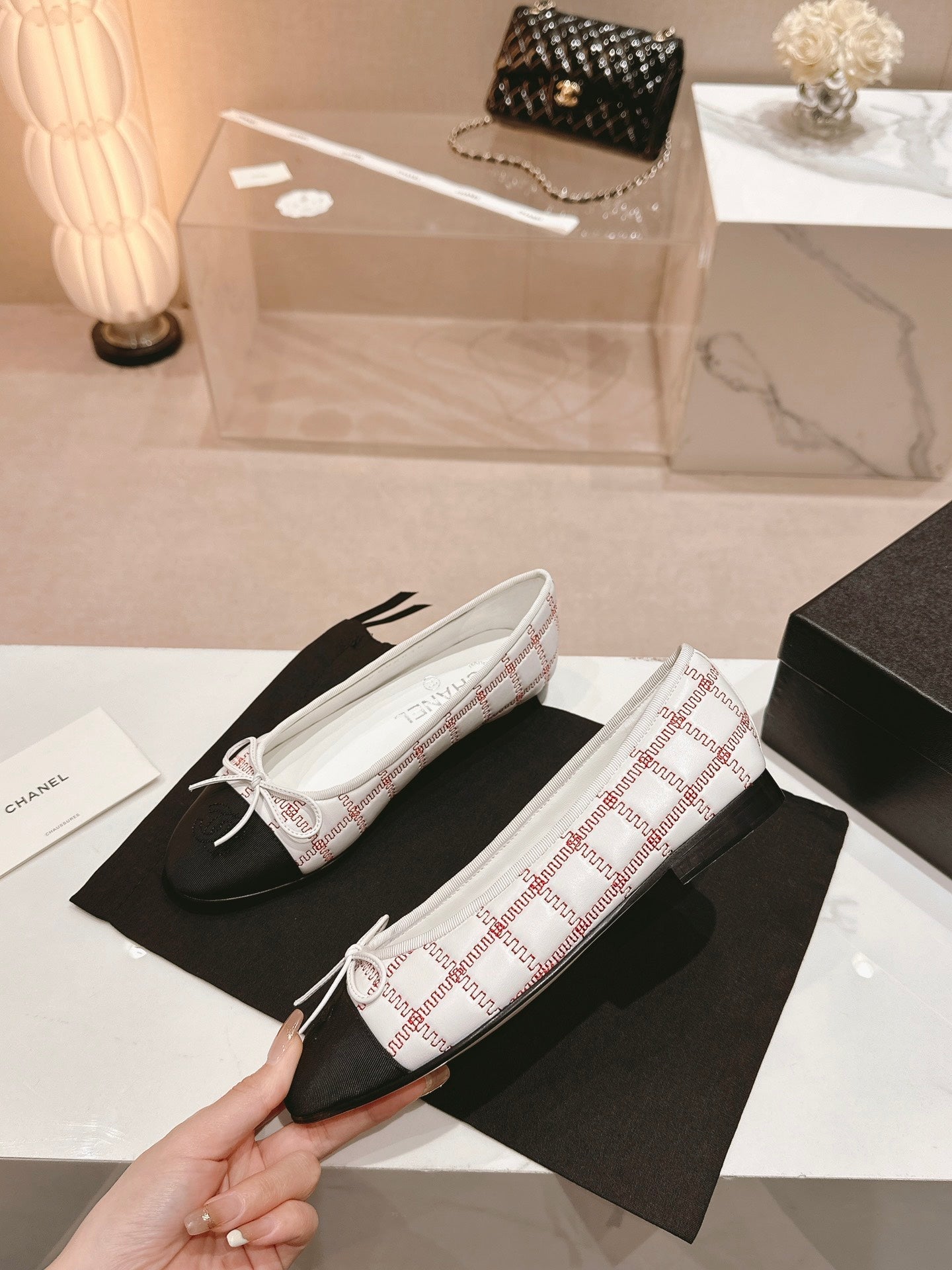 CHANEL ballet flats white red lambskin embroidery grosgrain