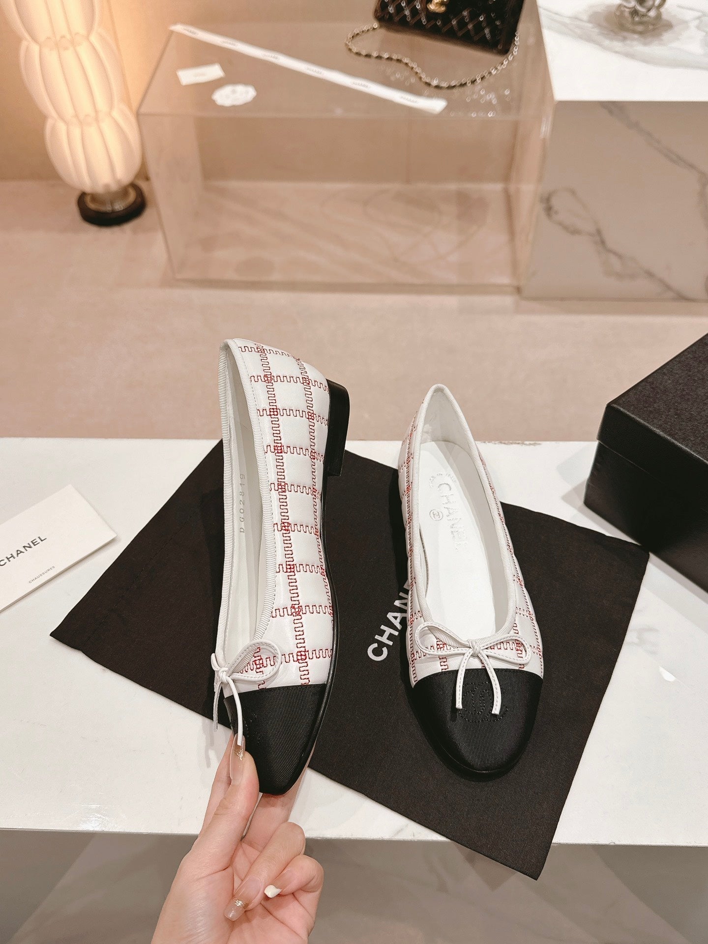 CHANEL ballet flats white red lambskin embroidery grosgrain