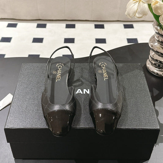 CHANEL 25 Slingback Flats Black Embossed Leather 237492