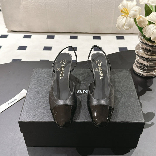 CHANEL 25 Slingback Heel Black Embossed Leather 237494