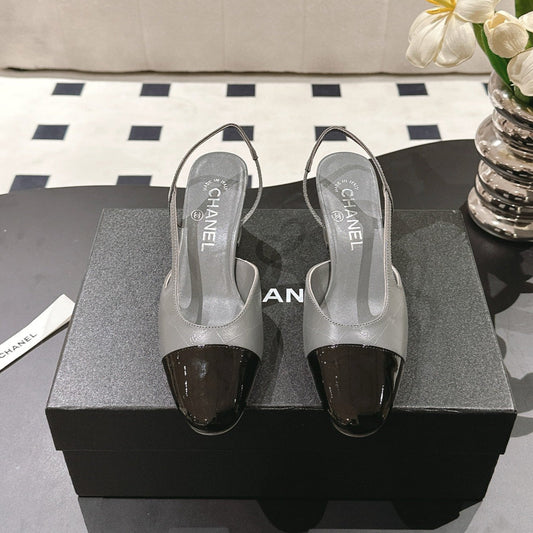 CHANEL 25 Slingback Heel Gray Embossed Leather 237497