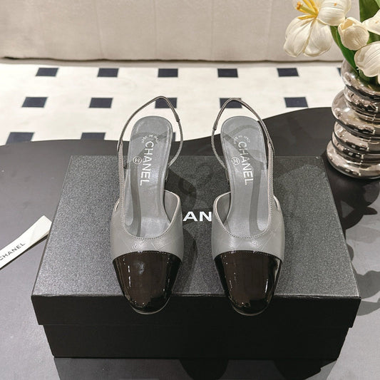 CHANEL 25 Slingback Flats Gray Emobossed  Leather 237497