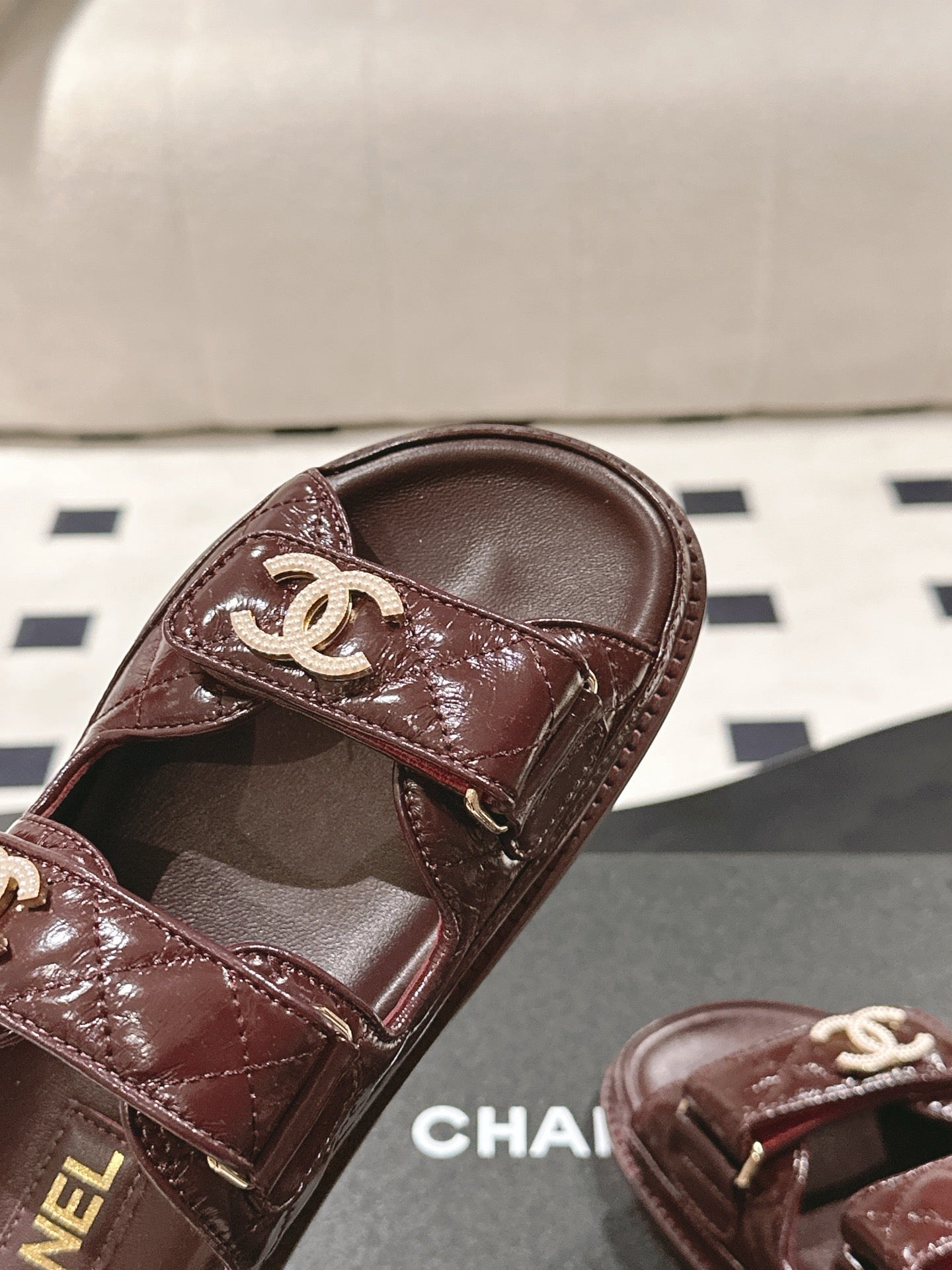 CHANEL 25 Dad Sandal Mule Deep Brown Patent Leather 237578