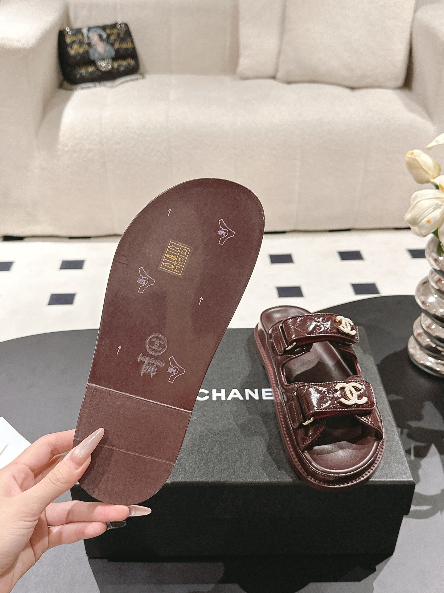 CHANEL 25 Dad Sandal Mule Deep Brown Patent Leather 237578