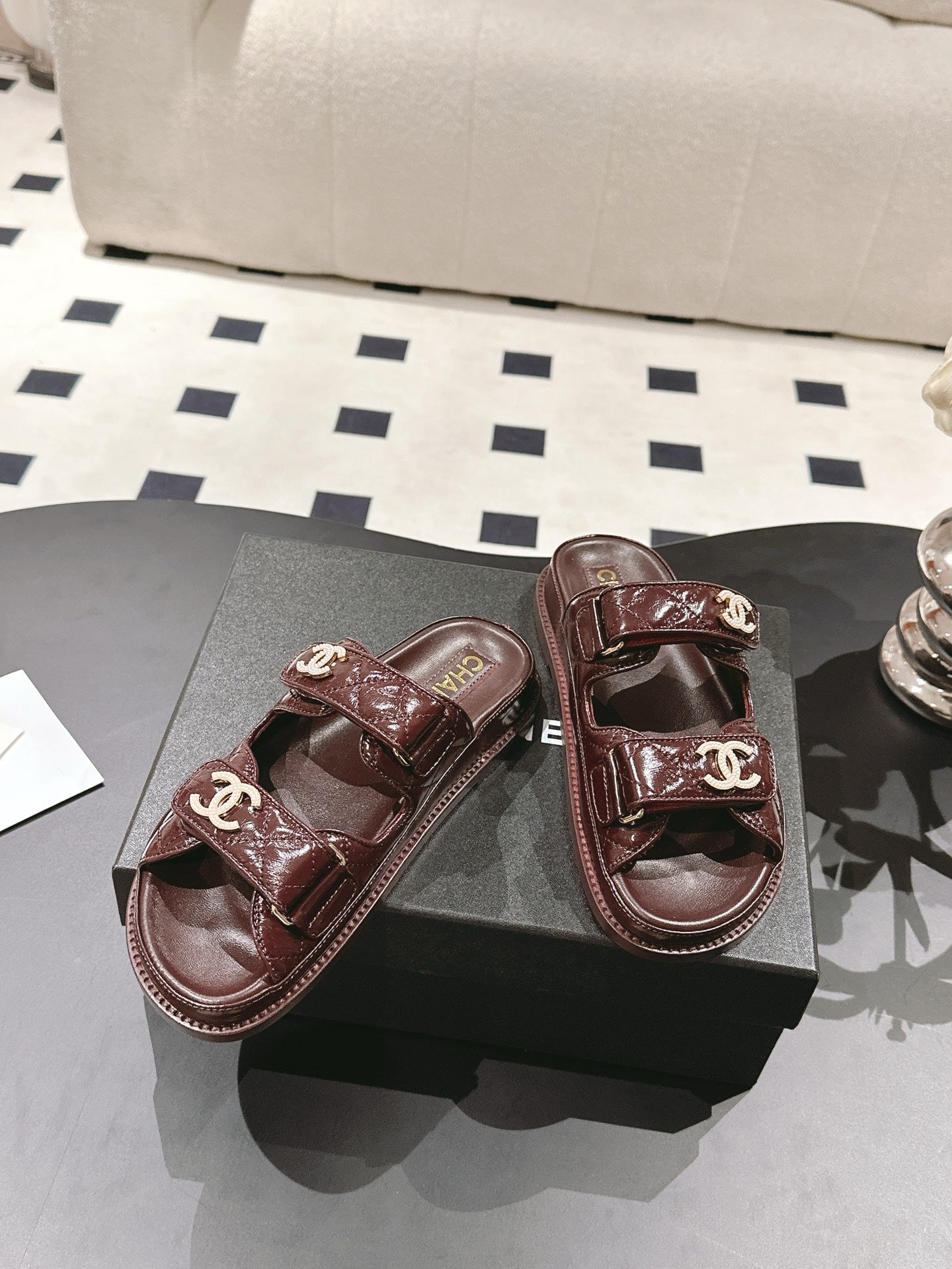 CHANEL 25 Dad Sandal Mule Deep Brown Patent Leather 237578
