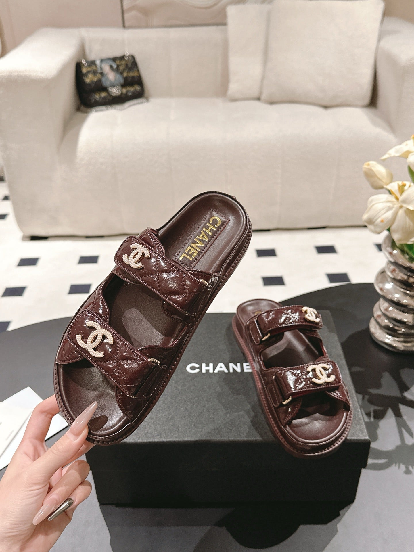 CHANEL 25 Dad Sandal Mule Deep Brown Patent Leather 237578