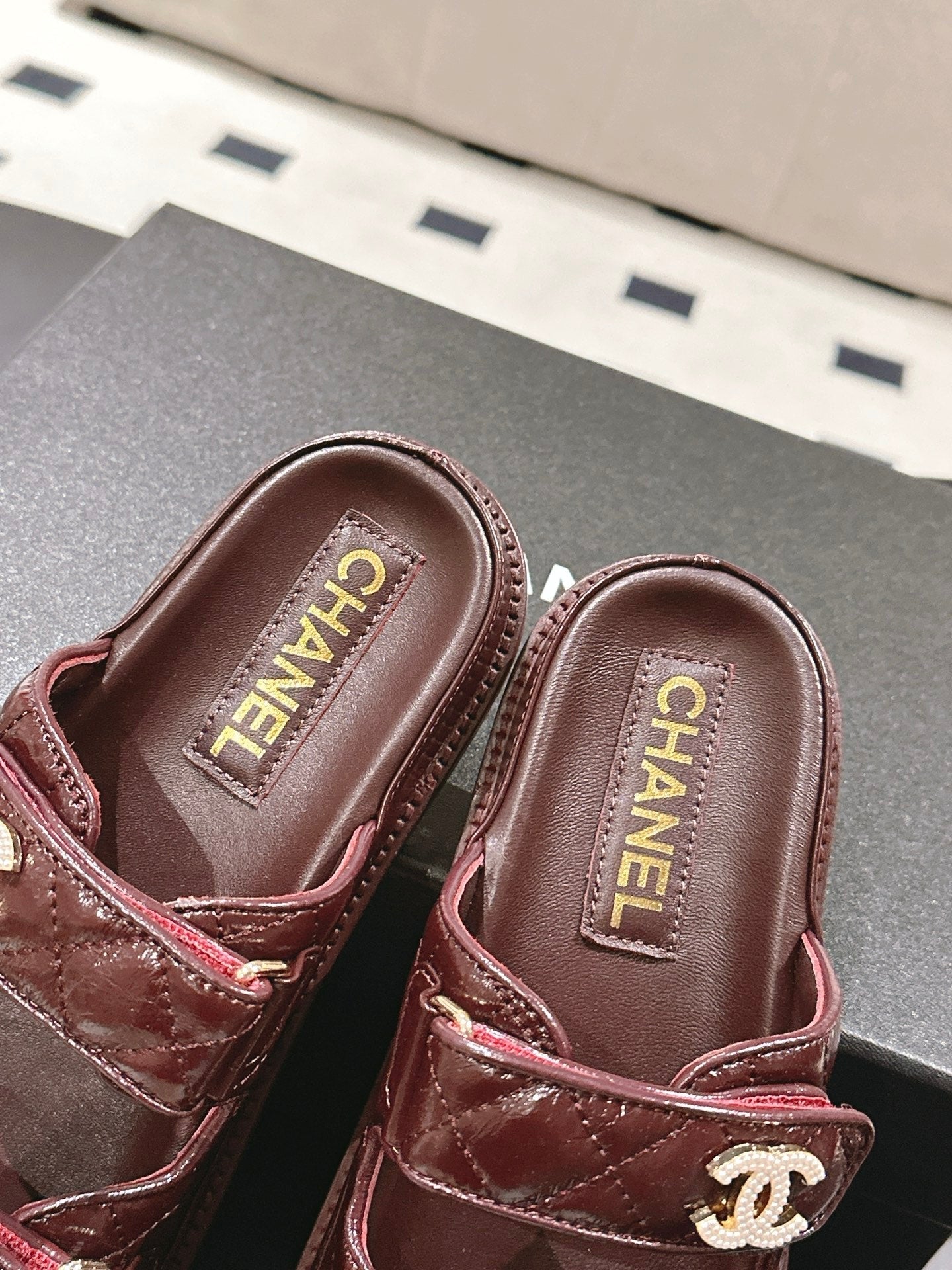 CHANEL 25 Dad Sandal Mule Deep Brown Patent Leather 237578