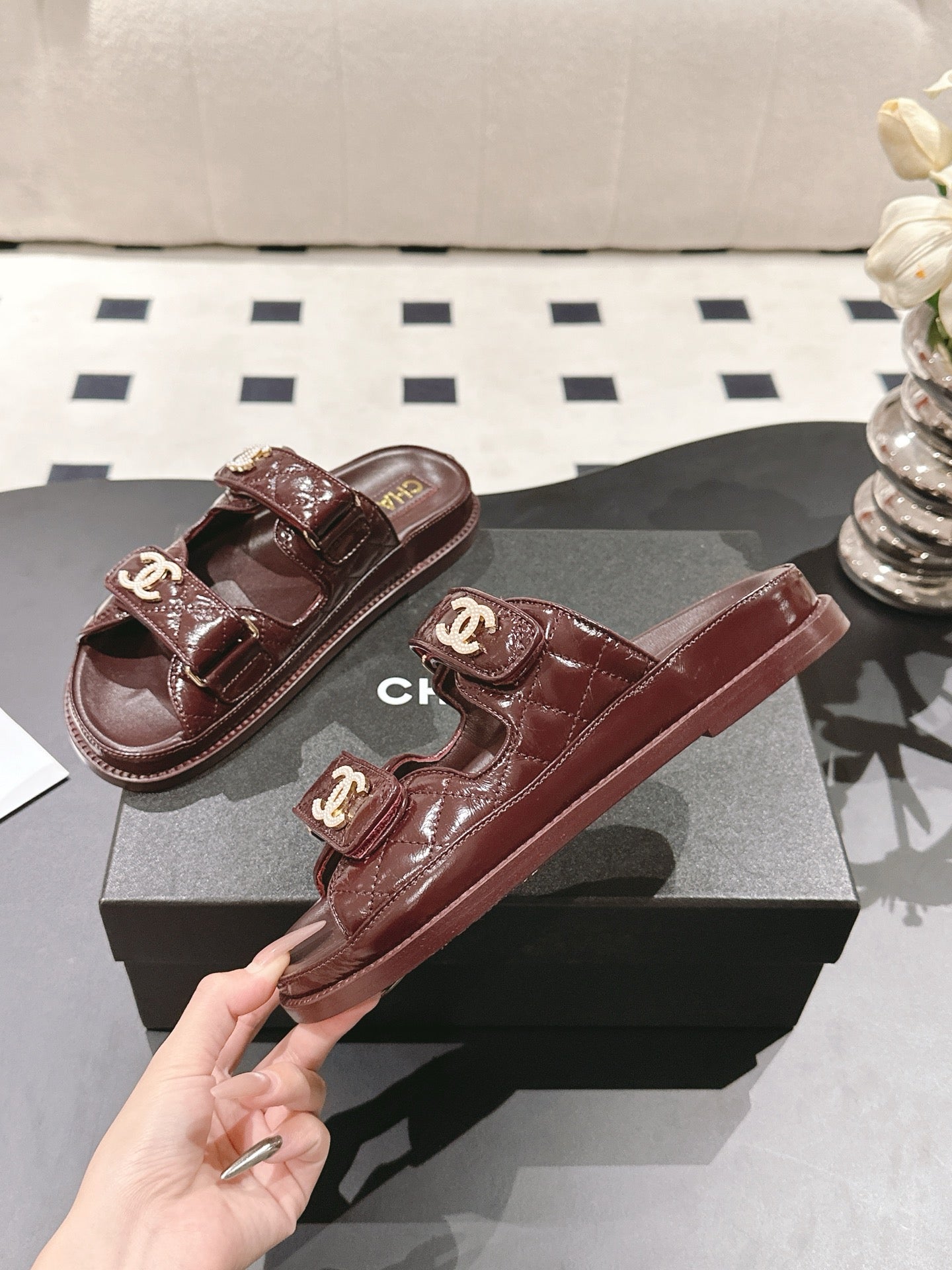 CHANEL 25 Dad Sandal Mule Deep Brown Patent Leather 237578
