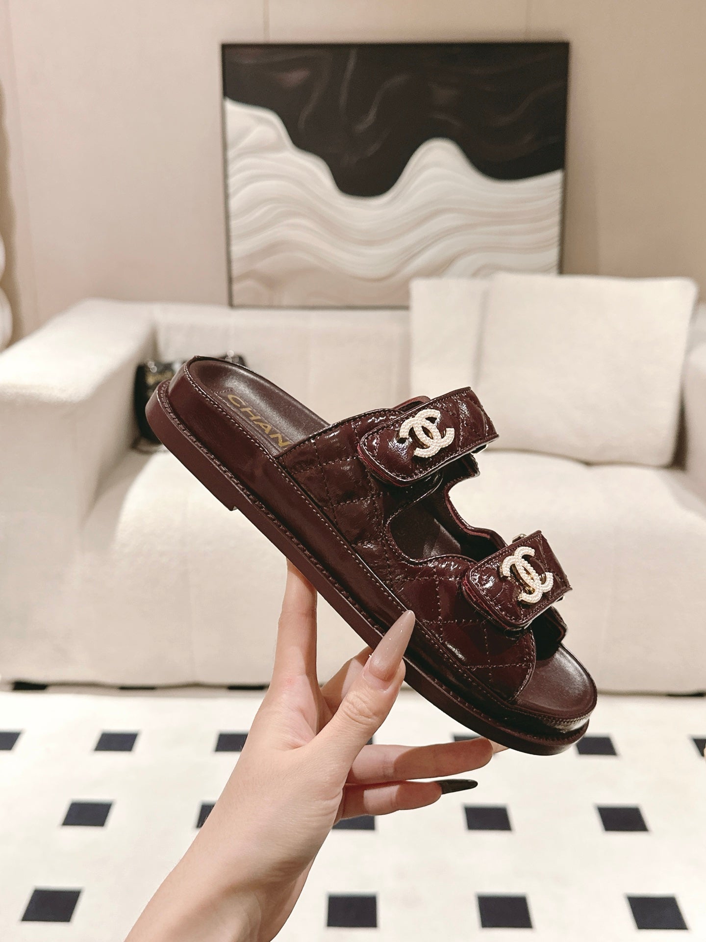 CHANEL 25 Dad Sandal Mule Deep Brown Patent Leather 237578