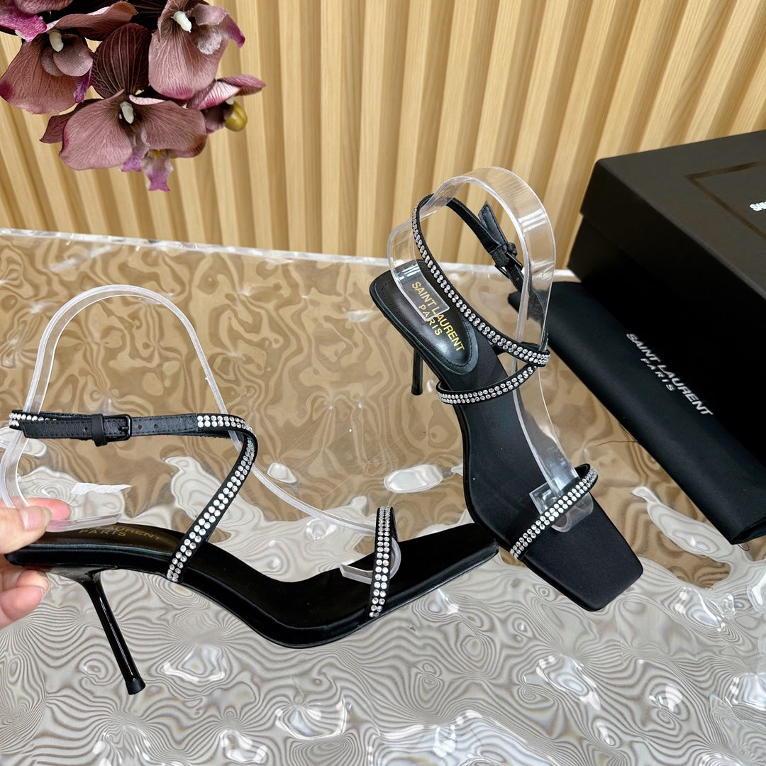 Saint Laurent NUIT SANDALS 85 IN BLACK CREPE SATIN AND WHITE RHINESTONES