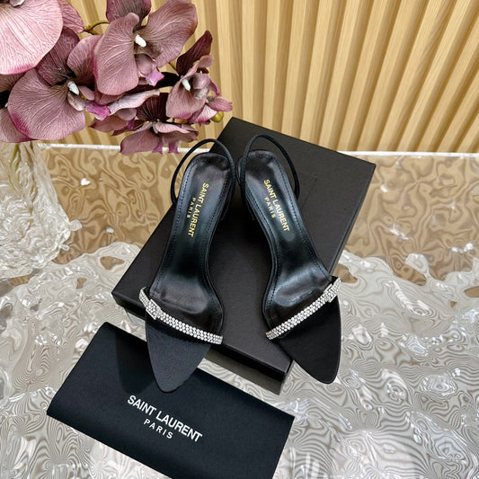 Saint Laurent RENDEZ-VOUS SANDALS 70 IN SATIN CREPE BLACK LEATHER