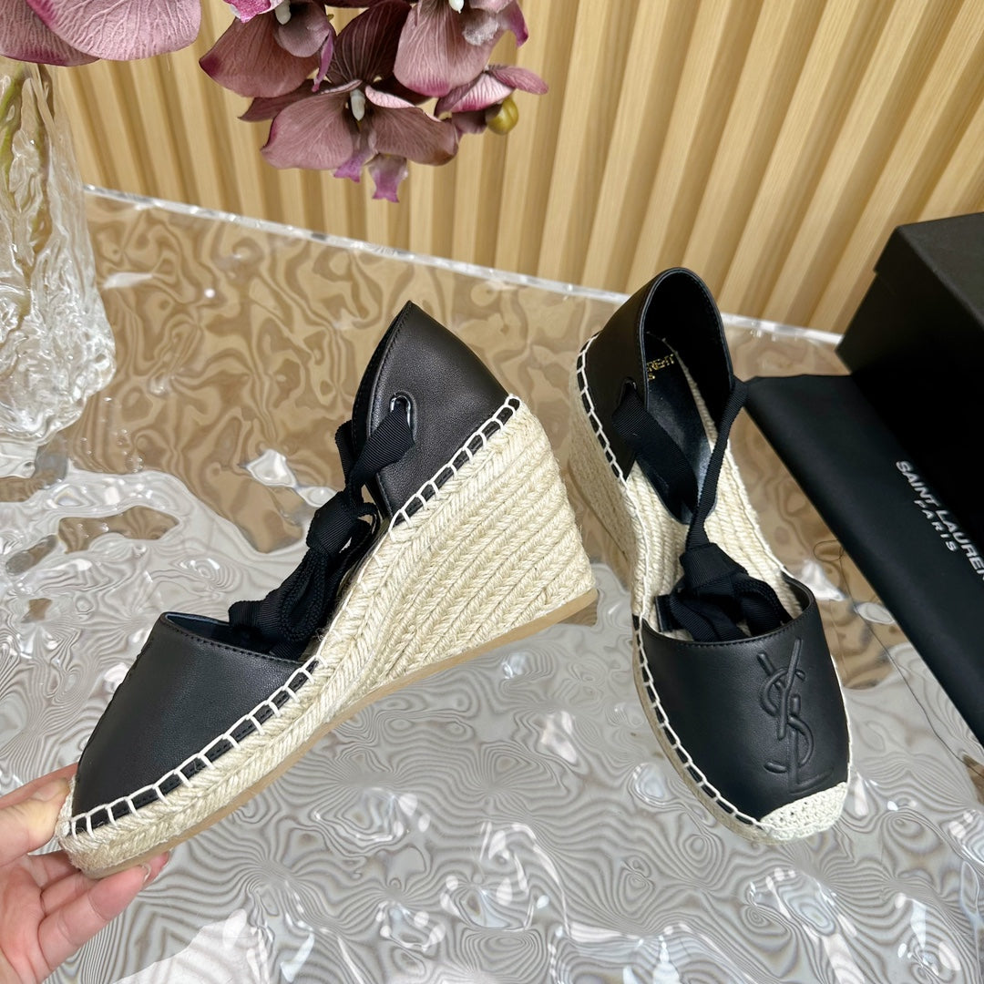 Saint Laurent SL WEDGE SANDALS BLACK CALFSKIN AND STRAW