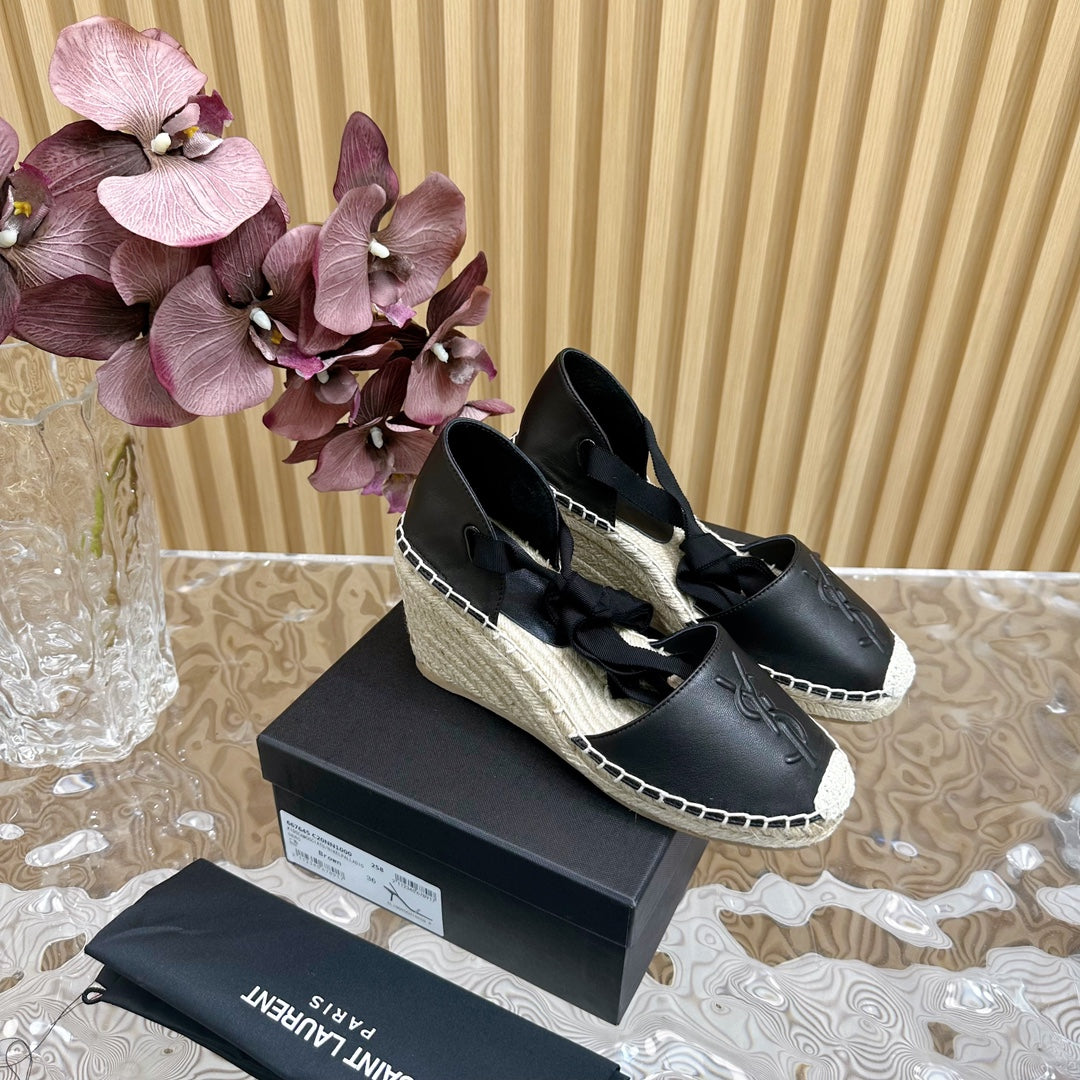 Saint Laurent SL WEDGE SANDALS BLACK CALFSKIN AND STRAW