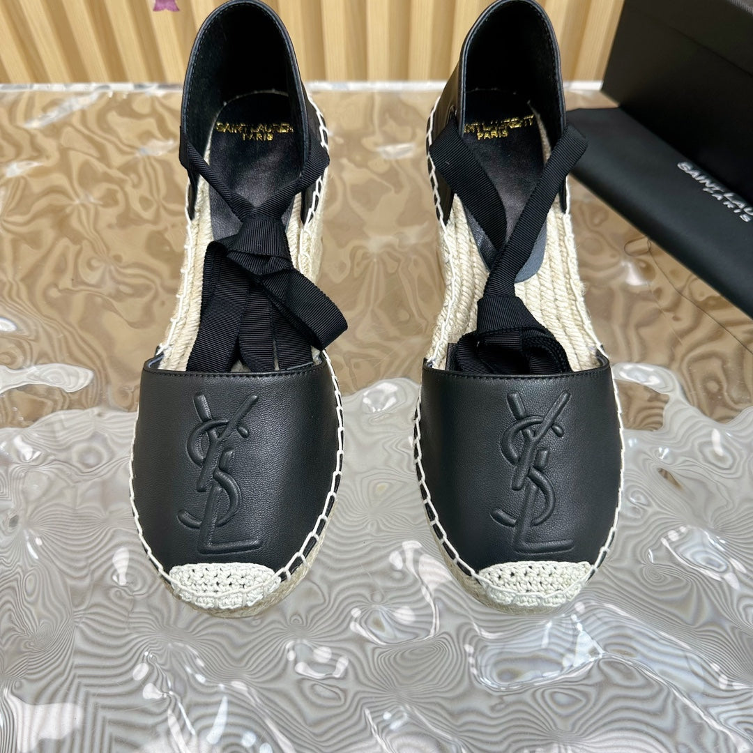Saint Laurent SL WEDGE SANDALS BLACK CALFSKIN AND STRAW