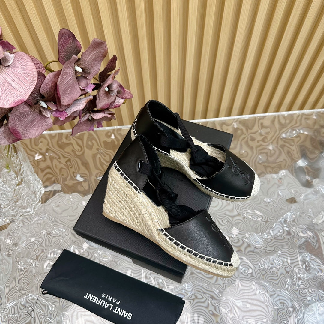 Saint Laurent SL WEDGE SANDALS BLACK CALFSKIN AND STRAW