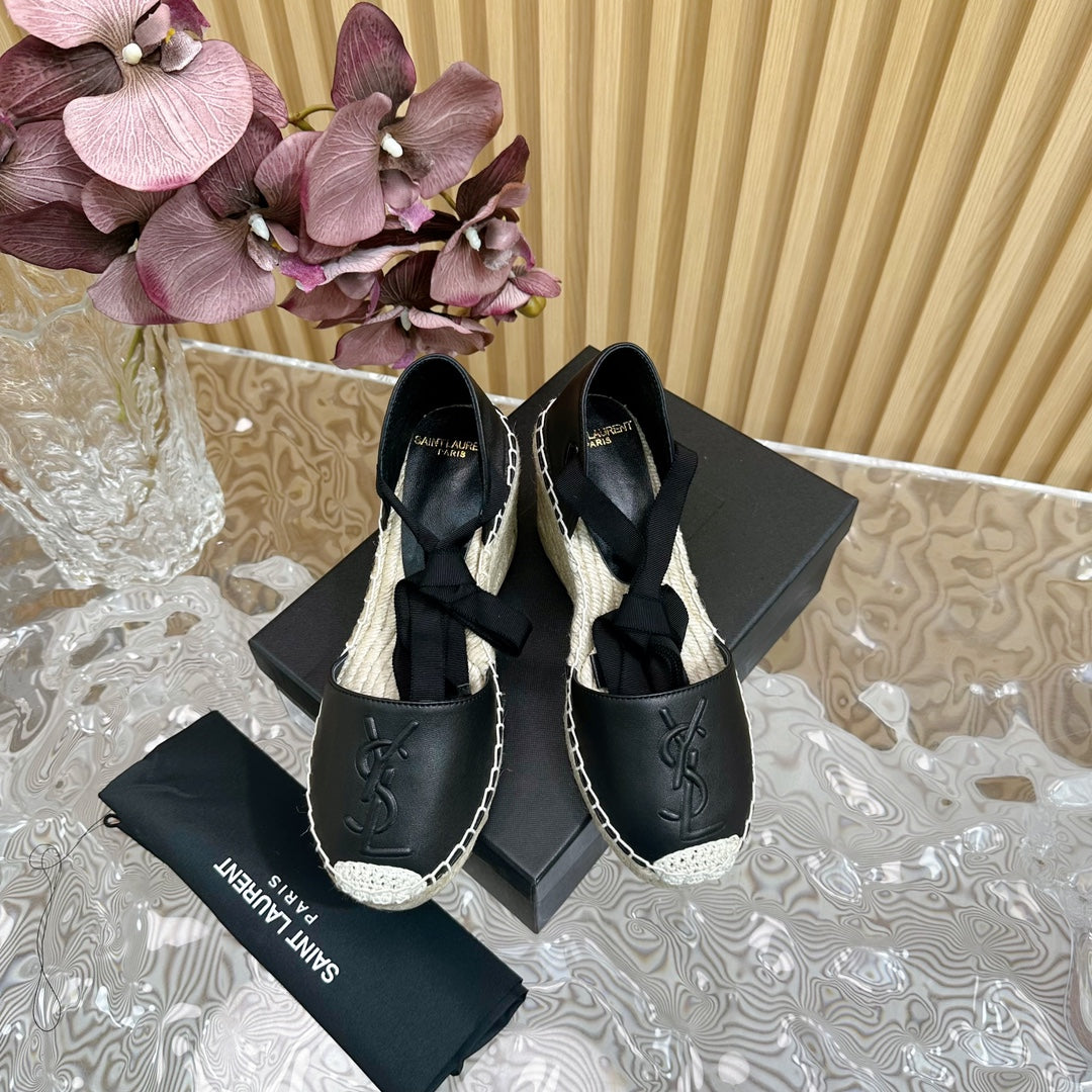 Saint Laurent SL WEDGE SANDALS BLACK CALFSKIN AND STRAW