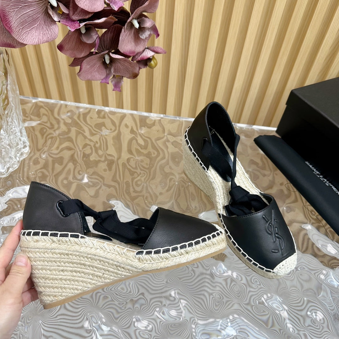 Saint Laurent SL WEDGE SANDALS BLACK CALFSKIN AND STRAW