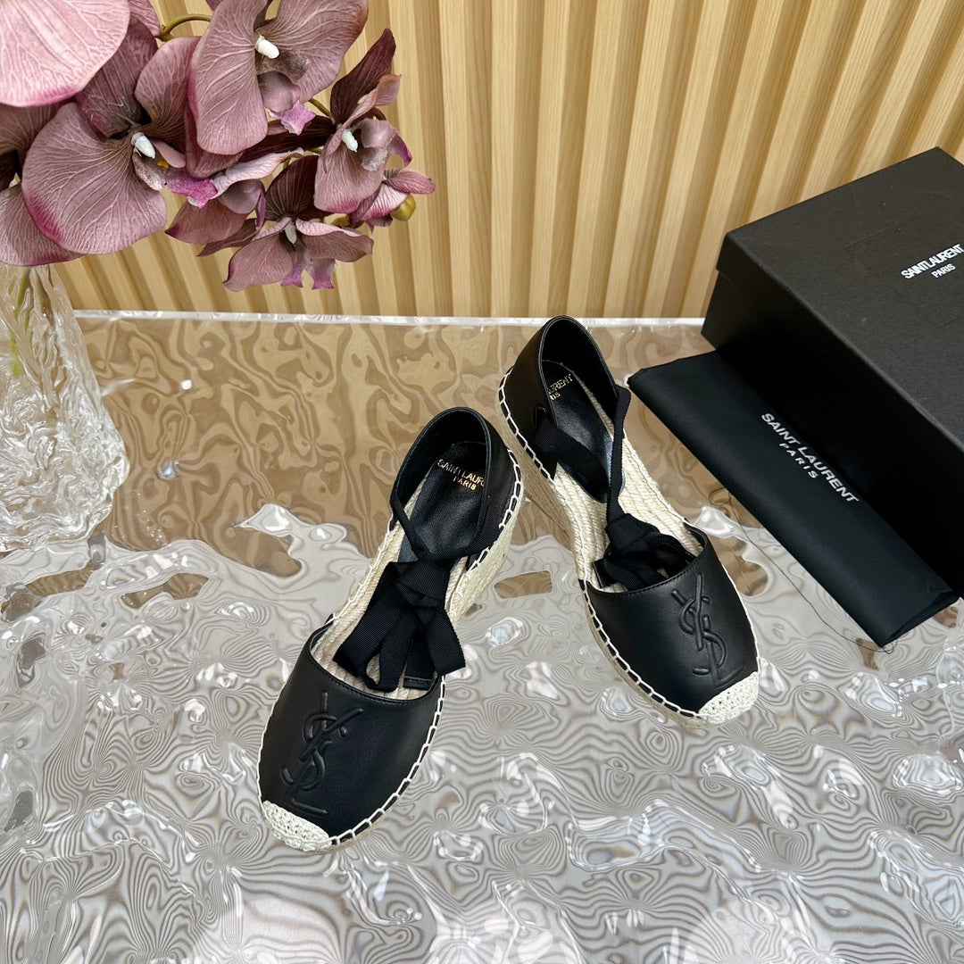 Saint Laurent SL WEDGE SANDALS BLACK CALFSKIN AND STRAW
