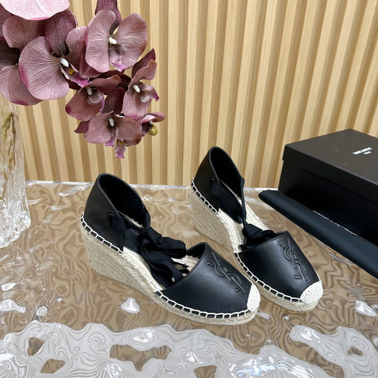Saint Laurent SL WEDGE SANDALS BLACK CALFSKIN AND STRAW